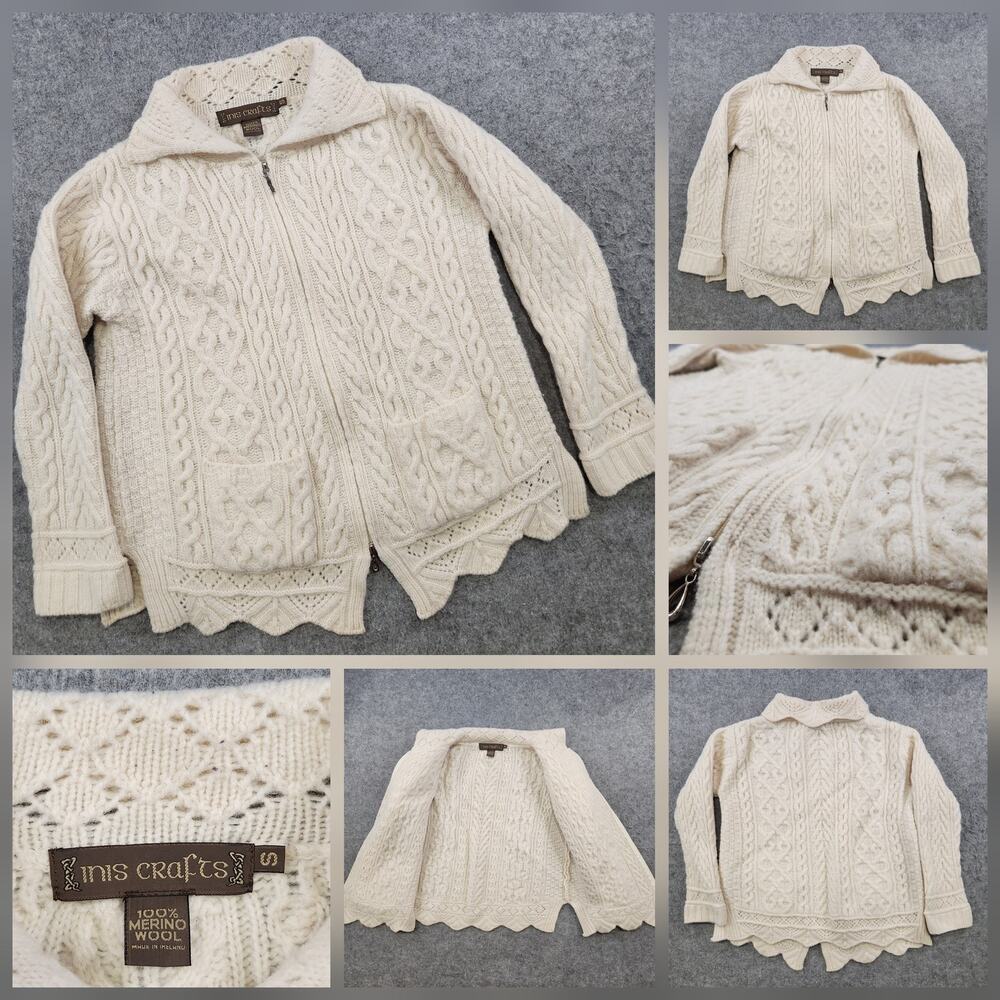 Inis‎ Crafts Sweater Womens Small Cream 100% Merino Wool Ireland Cable Knit Zip